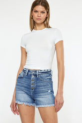 Kancan Women's High Rise Raw Hem Denim Shorts - Button Fly